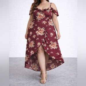 Floral Cold Shoulder High-Low Dress 3X | Burgundy Boho Wrap Front Midi